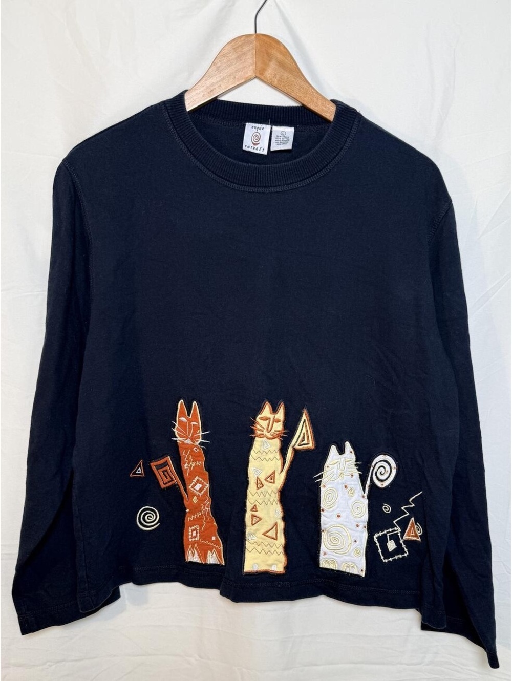 90s Vintage Onque Casuals Black Cat Applique Long Sleeve Tee Shirt Womens L